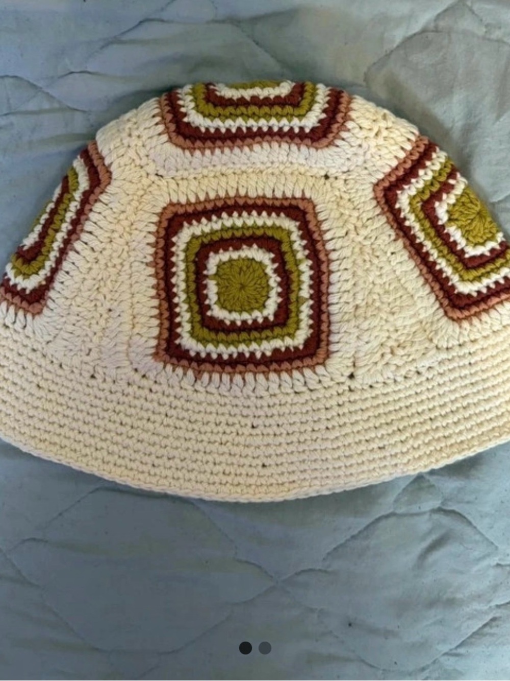 New Free People Crocheted Cream Bucket Hat with Tan & Rust Square Accents
